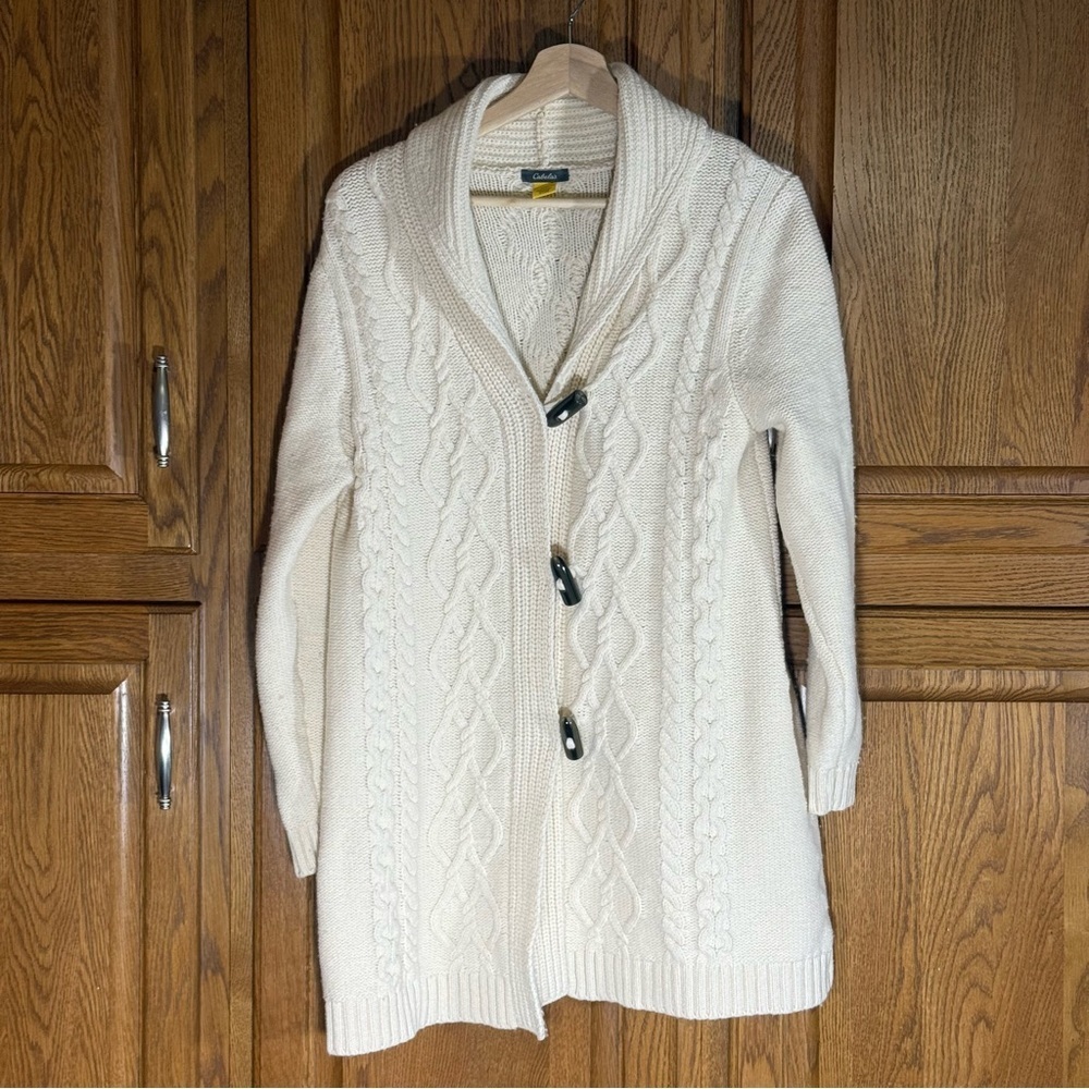 Cabela's Cream Long Cable Knit Cardigan Size‎ Large Cotton/Wool Cozy